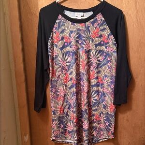 LuLaRoe Black Raglan Top with Navy and Coral Tropical Print